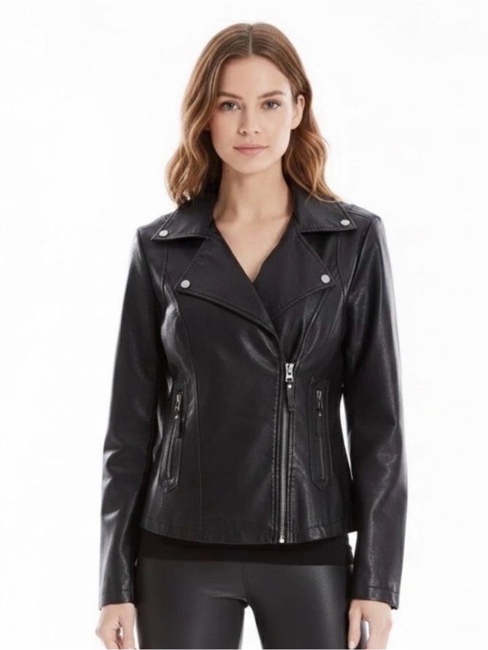 Max Studio Black Faux Leather Moto Jacket with Zip Pockets